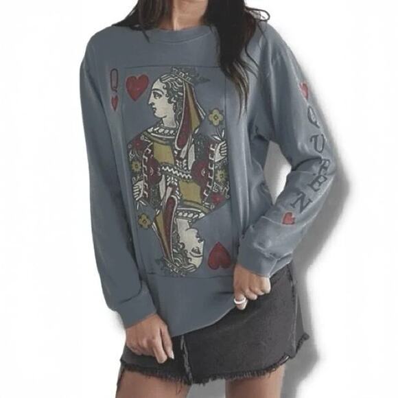 Daydreamer LA Queen of Hearts Gray Long Sleeve Tee Size Ms - Picture 1 of 7